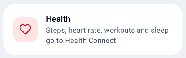 The Health card in the ConnectWear phone app: steps, heart rate, workouts and sleep go to Health Connect