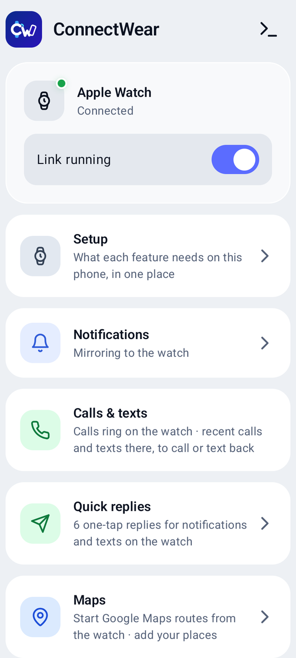 The ConnectWear phone app: the Apple Watch link, Setup, Notifications, Calls & texts, Quick replies and Maps