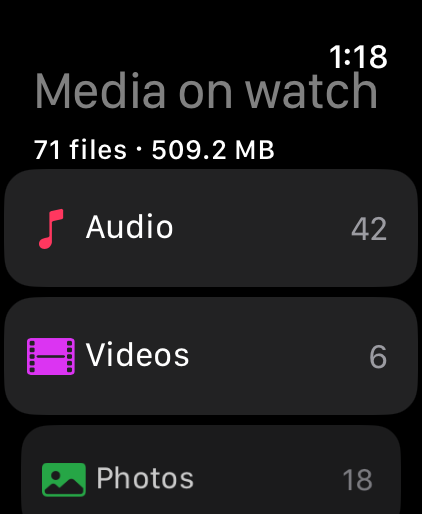 Media on watch: 42 audio files, 6 videos, 18 photos and documents stored on the watch